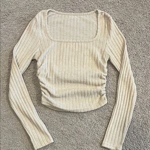 Ribbed Square-Neck Long Sleeve Top in Cream